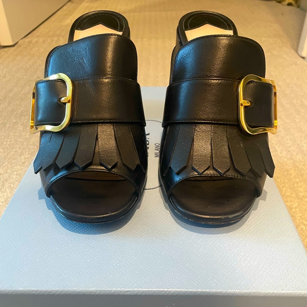 Prada Kitlie Fringe Buckle Strap Nlack Learher 85mm Heal Size 7.5